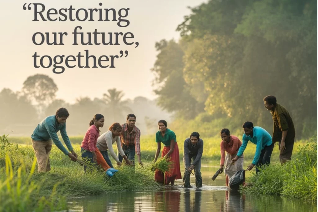 NGO volunteers planting trees near a river in India to promote environmental sustainability and awareness.